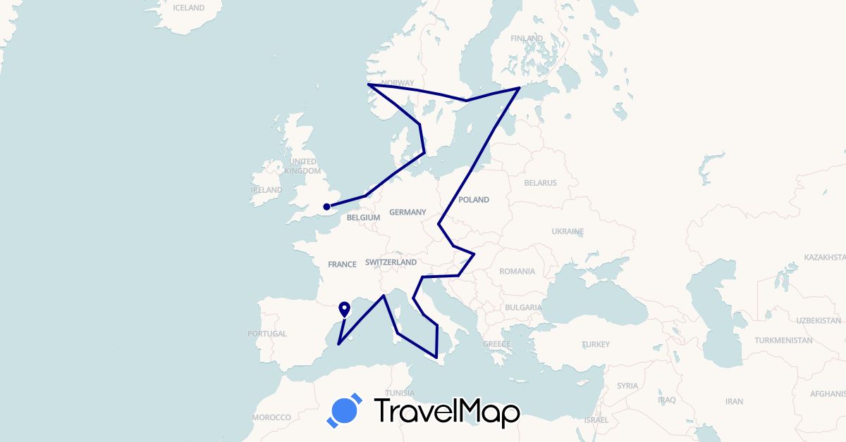 TravelMap itinerary: driving in Austria, Czech Republic, Denmark, Spain, Finland, France, United Kingdom, Croatia, Hungary, Italy, Netherlands, Norway, Poland, Sweden (Europe)