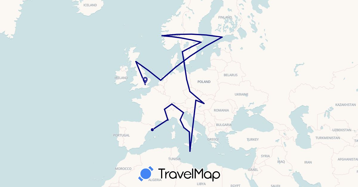 TravelMap itinerary: driving in Austria, Switzerland, Czech Republic, Germany, Denmark, Spain, Finland, France, United Kingdom, Hungary, Italy, Malta, Netherlands, Norway, Sweden (Europe)